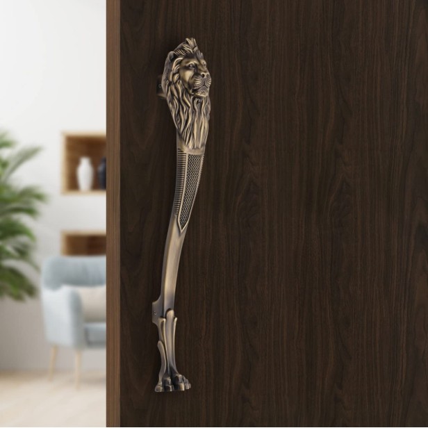 Ferio 10 Inch 250 MM Lion Shape Main Door Handle Brass Antique Finish | Glass Door Handle | Door Handler for Kitchen and All Types Wooden Furniture Doors Drawer Handle for Home Hotel Office (Pack Of 1)