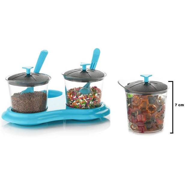 Ferio Dining Spice Stand, Mukhvas Dryfruit Tray, Pickle Jar Container, Masala Tray with Spoon Kitchen Storage Container, Serving Spices Jar (Set - 3 PCS) (Blue)