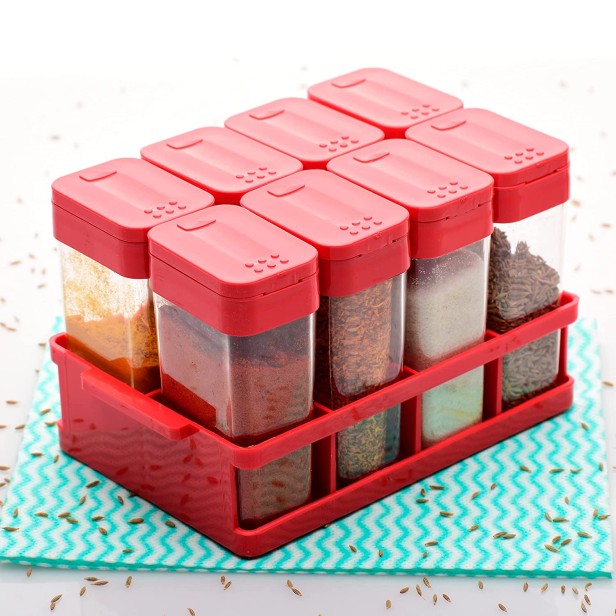 Ferio Modern Masala Spice Box / Rack / Dani / Box / Container / Jar / Dabba / Masala Dabba / Masala Container /  Multipurpose / Set For Masala / Spices / Multipurpose Use (Pack Of 8 With Stand - Red)