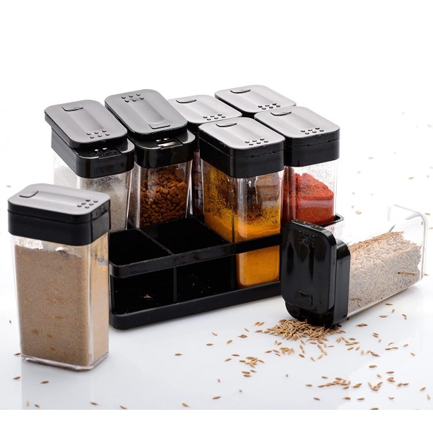 Ferio Modern Kitchen 8 Pcs Sets Airtight Rasoi Box Spice Box / Rack / Dani / Box / Container / Jar / Dabba / Multipurpose / Set For Masala / Spices Easy Flow Spice Storage Container with Tray (BLACK)