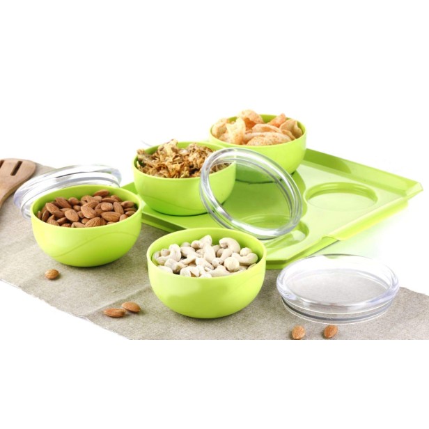 Ferio 450ML Bowl Set Snacks Serving Airtight Container with Tray and Lid Food Grade Plastic Dry Fruits/Snacks Container Storage For Home (Pack Of 4 Bowl And 1 Tray, Aqua Green)
