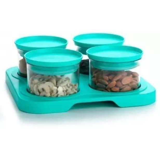Ferio 500ML Bowl Set With Tray Snacks Serving Bowls With Tray - Airtight And Lids - Food Grade Plastic Dry Fruits/Snacks Container Storage (Pack Of 4 Bowl And 1 Tray, Blue)