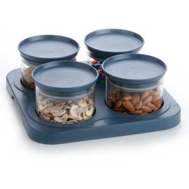 Ferio 500ML Bowl Set with Tray Snacks Serving Air Tight Container Set with Tray With Lid - Food Grade Plastic Dry Fruits/Snacks Container Storage (Pack Of 4 Bowl And 1 Tray, Grey)