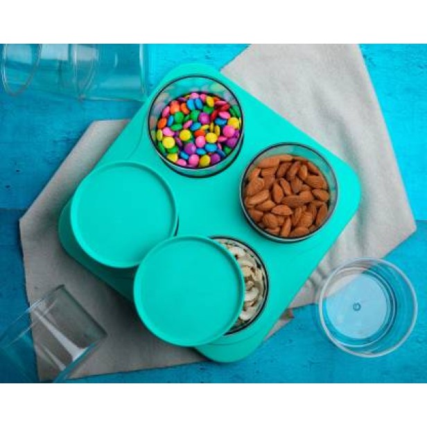 Ferio 500ML Bowl Set With Tray Snacks Serving Bowls With Tray - Airtight And Lids - Food Grade Plastic Dry Fruits/Snacks Container Storage (Pack Of 4 Bowl And 1 Tray, Blue)