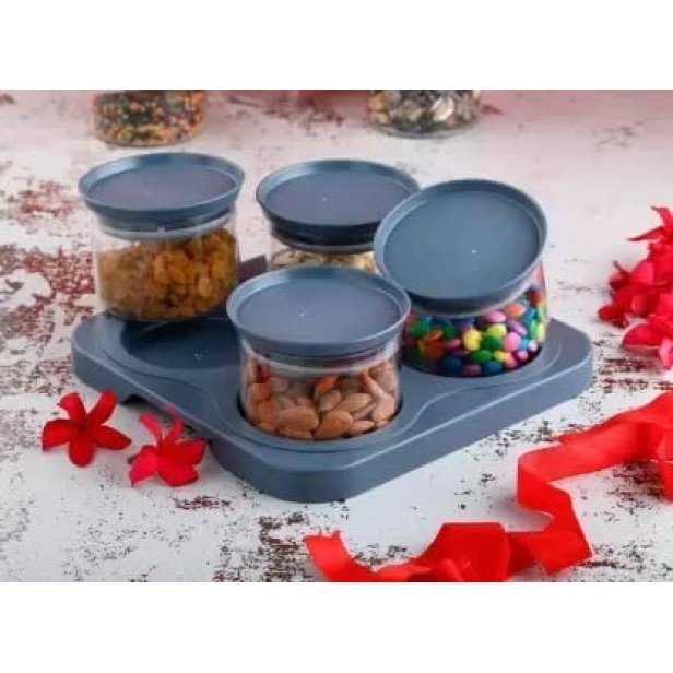 Ferio 500ML Bowl Set with Tray Snacks Serving Air Tight Container Set with Tray With Lid - Food Grade Plastic Dry Fruits/Snacks Container Storage (Pack Of 4 Bowl And 1 Tray, Grey)