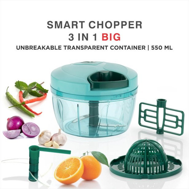 Ferio New 3 in 1 Handy Turbo Chopper with 3 Blades Whisker Maker Mini Handy Chopper Vegetable Cutter Quick Chopper Onion Chopper Hand Grinder Mixer Food Processor with Juicer (550-ML-Green)