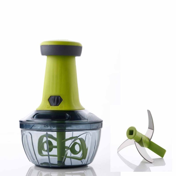 Ferio 500ML Manual Push Speedy Hand Press Food Chopper with 3 Blade Chopper for Vegetables, Fruits, Nuts and More-Egg Whisk-Perfect Chopping with Easy Push and Close Button (Green-Color Pack of 1)