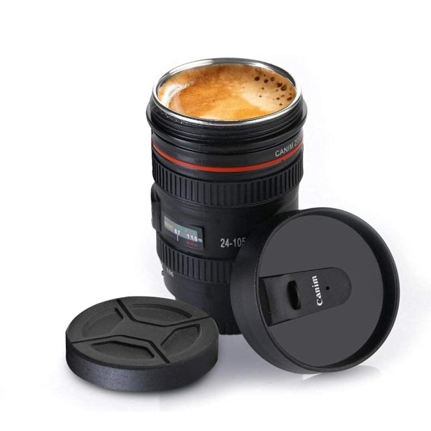 Ferio Super Classic Camera Lens Shaped Coffee Mug with 2 Lids, Steel Insulated | Gifting idea| DSLR Camera Lens Shaped Travel Thermos Cup 350 ML, Black