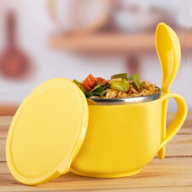 Ferio Noodle Maggie & Soup Bowl Set with Spoon, Handle | Spoon Holder | Stainless Steel Soup-Tok Container | Bowl and Spoon Set | Food Container 700ML  (Pack of 1 - Yellow)