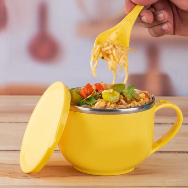 Ferio Noodle Maggie & Soup Bowl Set with Spoon, Handle | Spoon Holder | Stainless Steel Soup-Tok Container | Bowl and Spoon Set | Food Container 700ML  (Pack of 1 - Yellow)