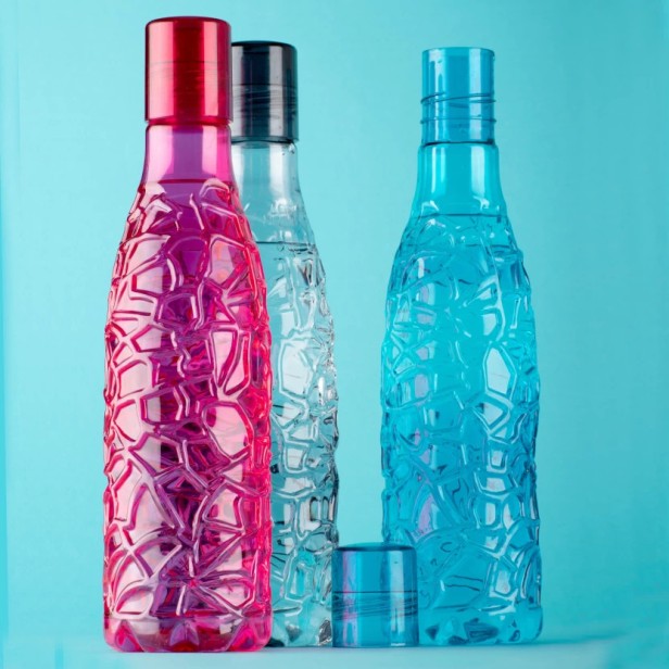 Ferio Crystal Clear Water Bottle 1 litre, Plastic Fridge Water Bottle Set, Ideal for Office, Sports, School, Travelling, Gym, Yoga, Checkered Pattern, Set of 3