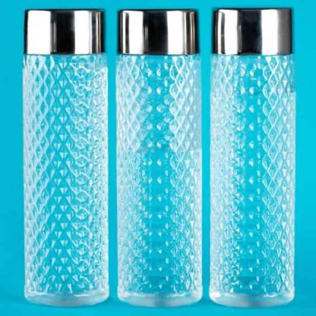 Ferio Crystal Diamond Water bottle set for Fridge, Office, Sports, School, Gym, Yoga | 1000 ML | Unbreakable & Leak-Proof (Transparent, Pack of 3 )