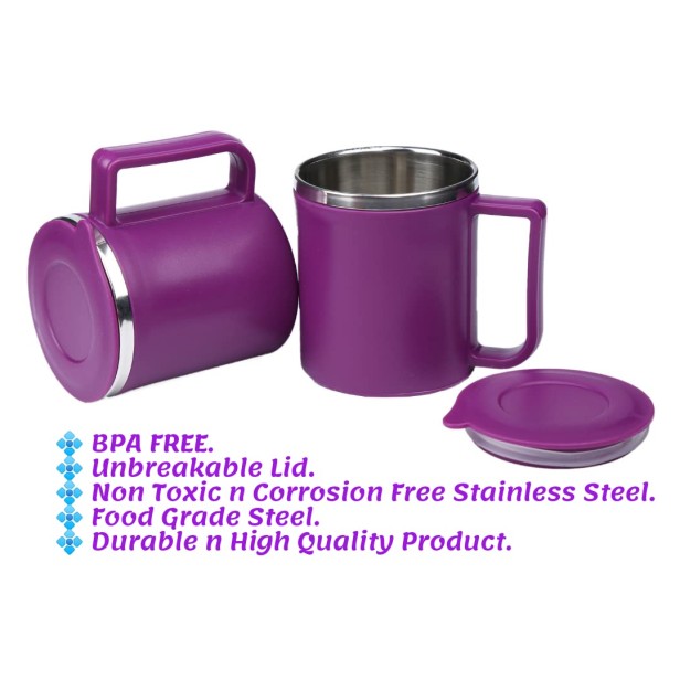 Ferio Steel Coffee Cup with Lid (Plastic Outer) Stainless Steel Coffee Stainless Steel, Plastic Coffee Mug  Break Time Portable & Easy Clean (Color Purple 200 ml, Pack of 2)