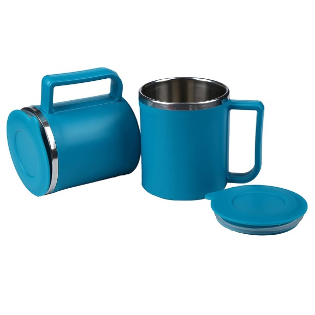 Ferio Steel Coffee Cup with Lid (Plastic Outer) Stainless Steel Coffee Stainless Steel, Plastic Coffee Mug Camping Mugs with Handle, Portable & Easy Clean (Color Blue 200 ml, Pack of 2)