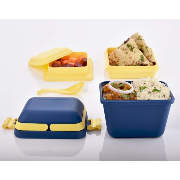 Ferio Products Plastic Dieting Airtight Lunch Box Set | 3 Compartment Tiffin with Handle & Push Lock | Plastic Tiffin Box for Travelling, School Kids & Office Exclusive (Blue)