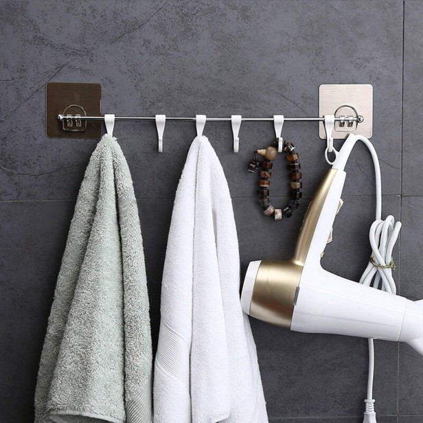 Ferio Self Adhesive Stainless Steel Rod with 6 Hooks Wall Mounted Utensil Hanging Rack Holder | Bathroom Towel Hanger | Kitchen Hanger Hooks , Pack of 1 