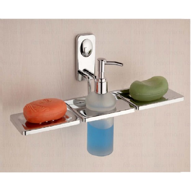 Ferio Hight Grade Stainless Steel Double Soap Dish |Soap Stand |with Glass Liquid Soap Dispenser for Bathroom Wall Mounted - Chrome Finish ( Pack Of 1 )