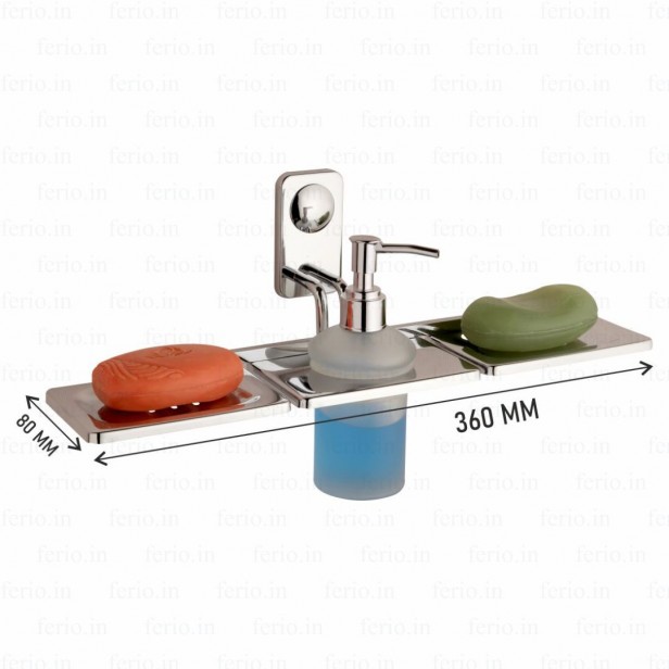Ferio Hight Grade Stainless Steel Double Soap Dish |Soap Stand |with Glass Liquid Soap Dispenser for Bathroom Wall Mounted - Chrome Finish ( Pack Of 1 )