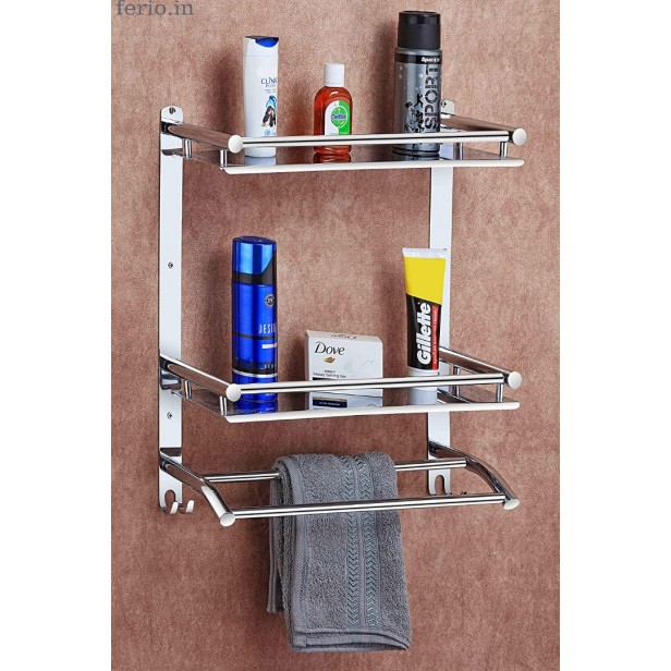 Ferio High Grade Stainless Steel Wall Mount Shelf 3 Tier Bathroom Shelf/Rack with Towel Holder/Towel Hooks/Bathroom Accessories Wall-Mount (Silver)