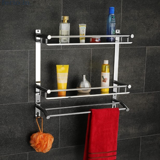 Ferio High Grade Stainless Steel Wall Mount Shelf 3 Tier Bathroom Shelf/Rack with Towel Holder/Towel Hooks/Bathroom Accessories Wall-Mount (Silver)